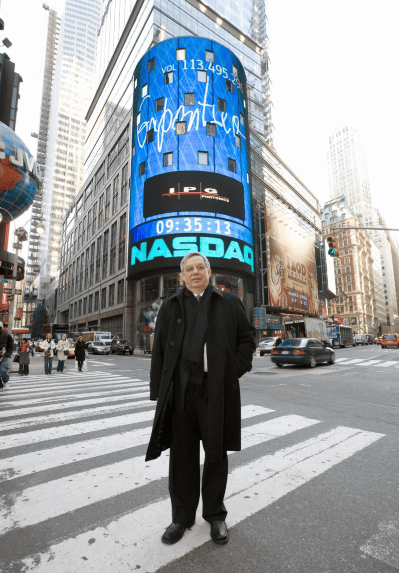 Valentin Gapontsev at 165 Broadway, in front of One Liberty Plaza — home to the NASDAQ Stock Exchange in New York